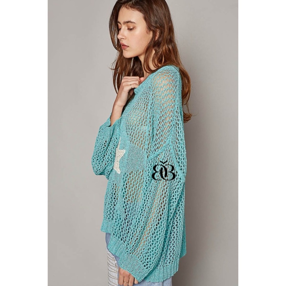 POL Blue Oversized Open Knit Sweater with Center Star Patch - Picture 5 of 11